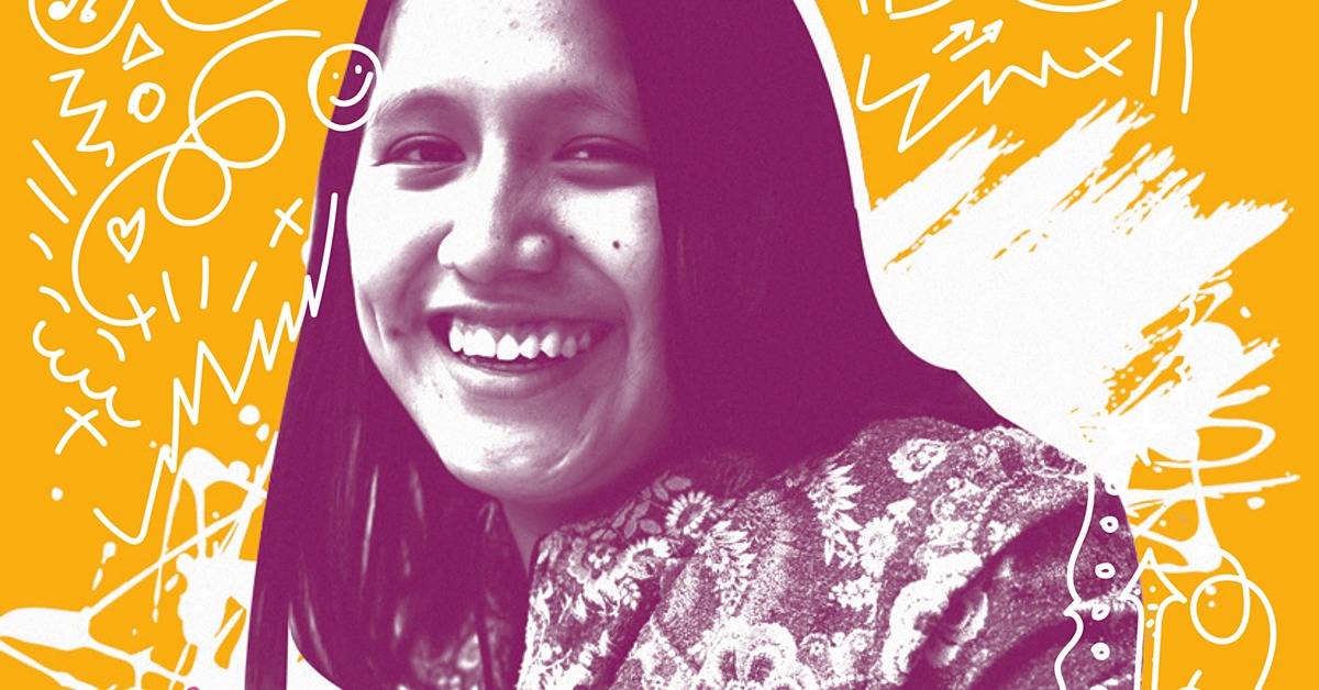 A photo of a smiling girl against a yellow background