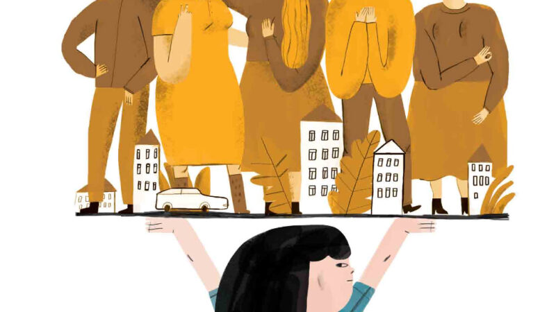 Report cover with an illustration of a young girl in a green dress and long black hair holding up 5 adults and orphanage buildings in brown and yellow