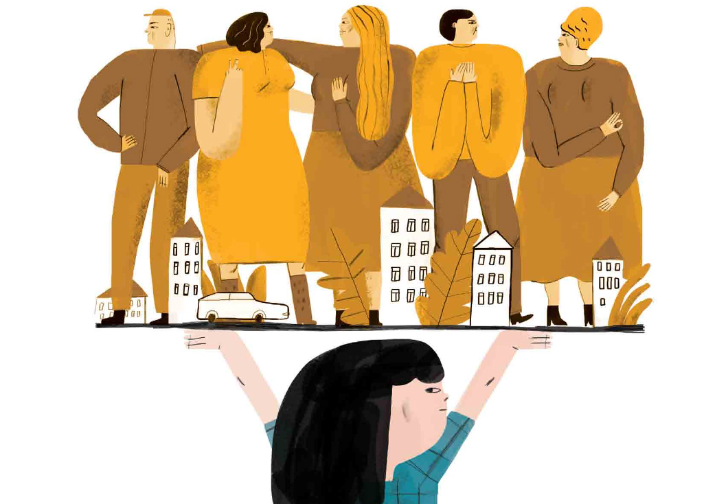 Report cover with an illustration of a young girl in a green dress and long black hair holding up 5 adults and orphanage buildings in brown and yellow